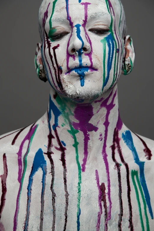 a man with his eyes closed covered in paint