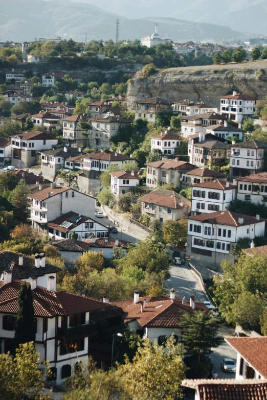 a city is shown in the midst of trees and hills