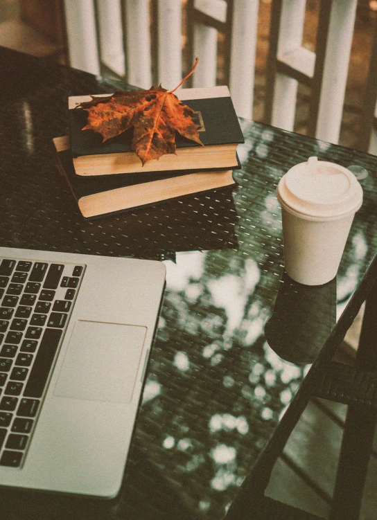 a white laptop and two books are on a table