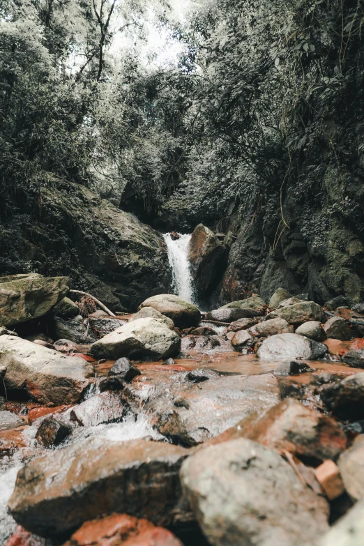 a stream flows near a rocky area with boulders