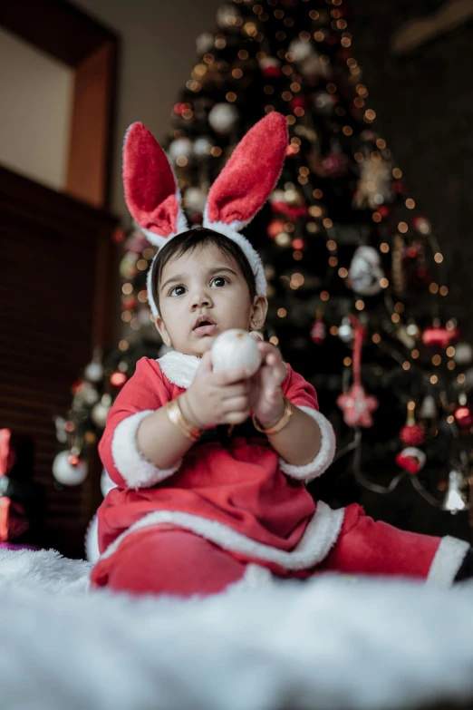 a  is sitting in front of a christmas tree