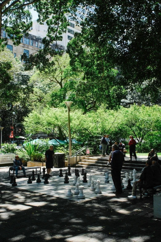 several people playing chess in a park setting
