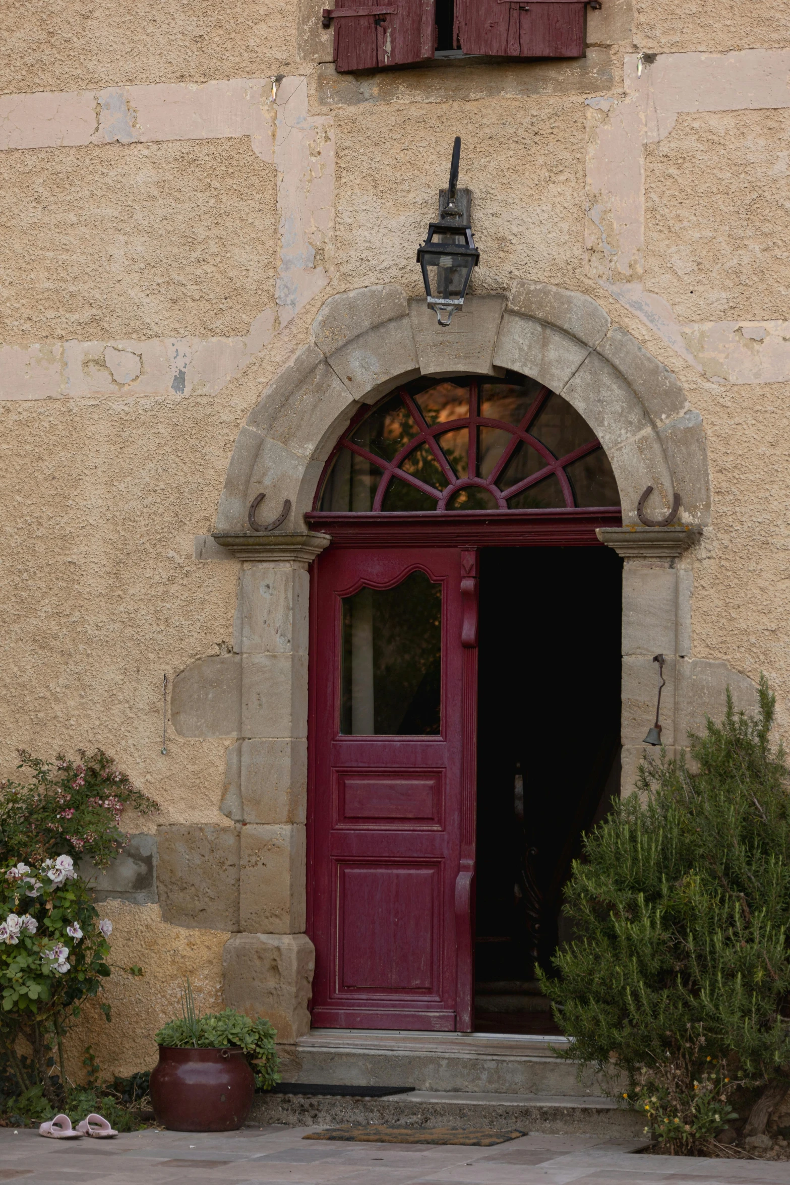 the door is red with black windows