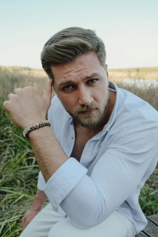 a man with a beard sitting down on a bench