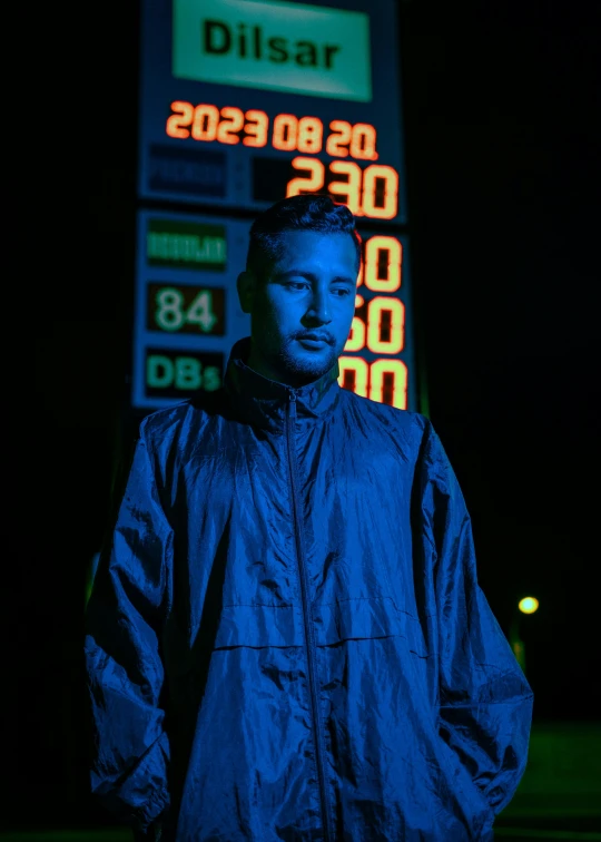 a man is standing in front of a gas station sign