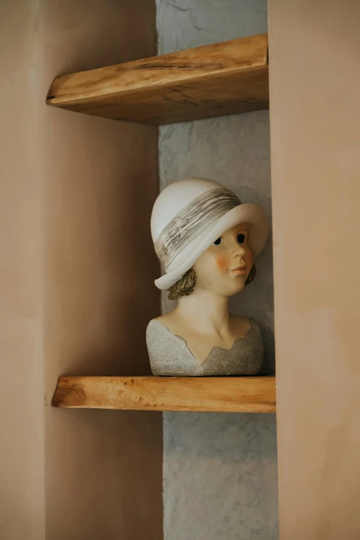 a toy doll in a hat in a corner between shelves