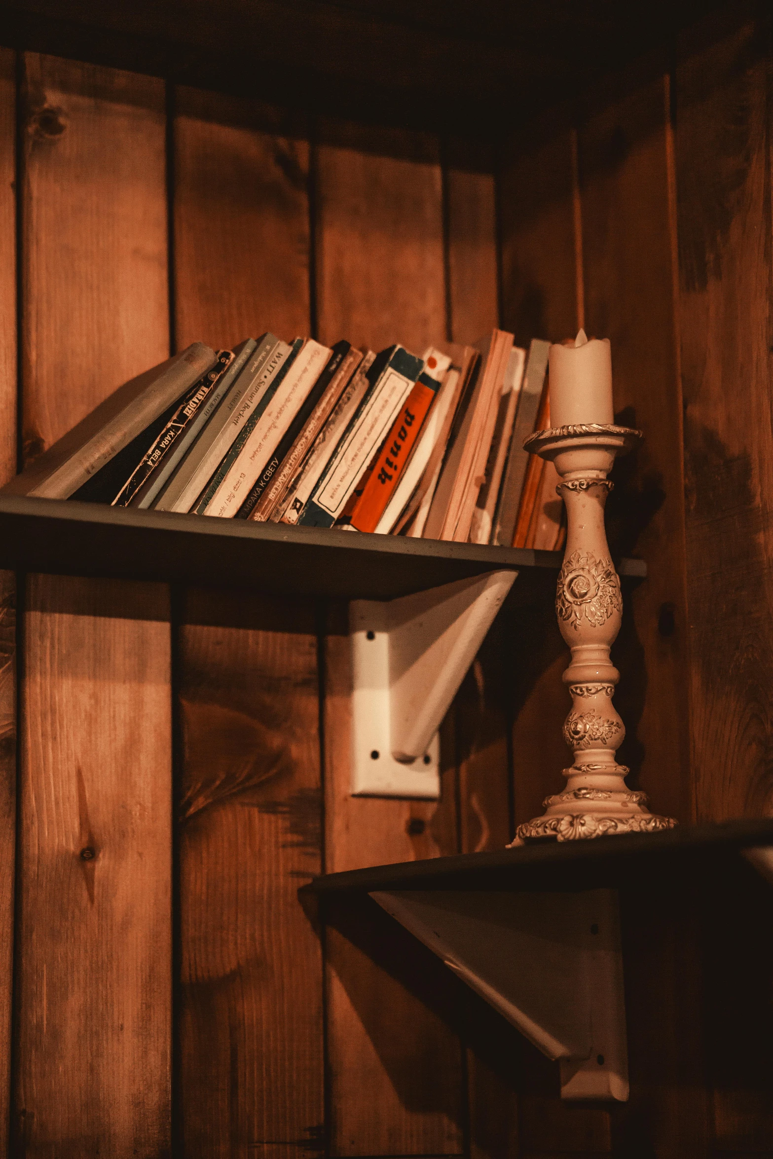 there is a shelf of books on the wall