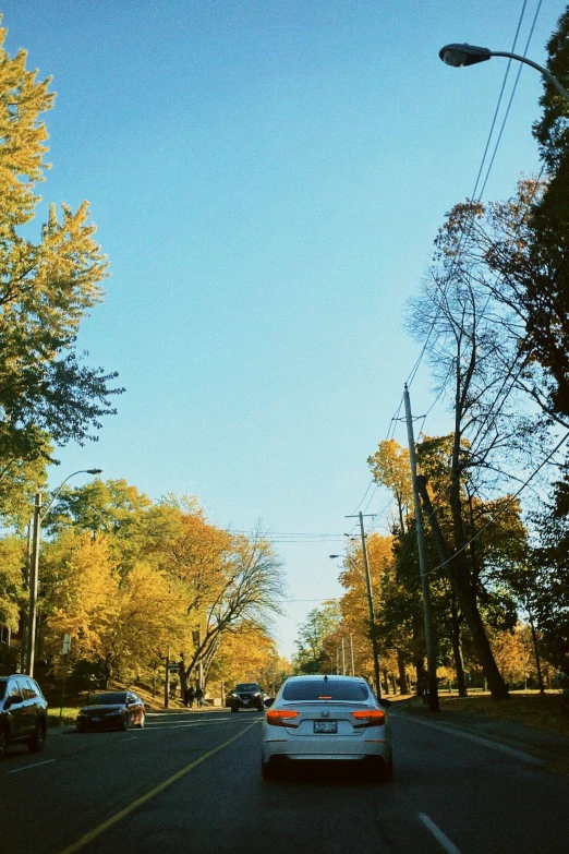 cars driving down a road past an intersection with trees in autumn