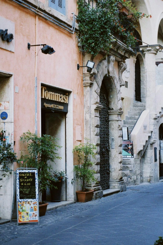 a narrow street has some flowers and old buildings