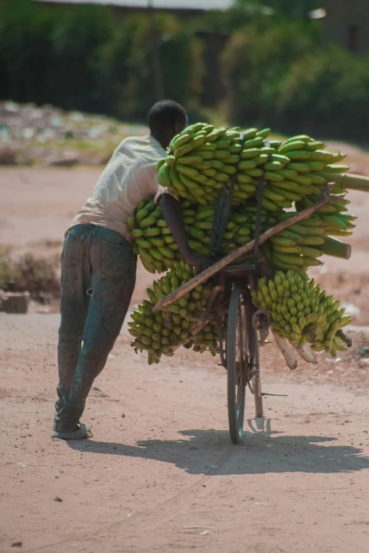 a man hing a cart full of bananas on the side of a road