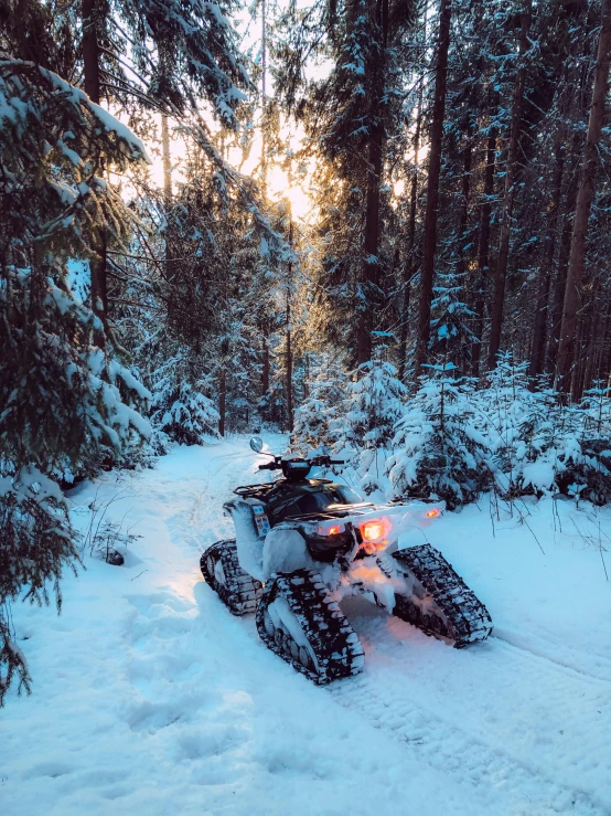 a snowmobile parked in the middle of a snowy forest