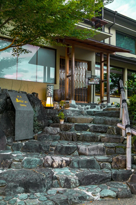 there is a stone stairway on the outside