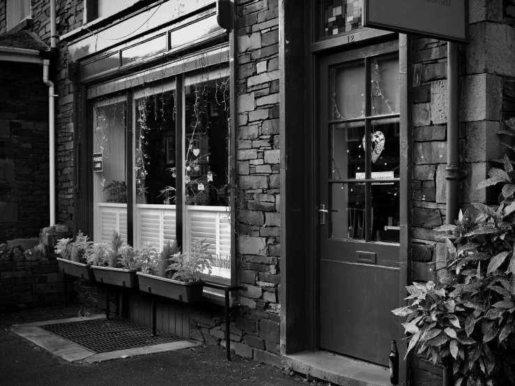 a storefront with a small window in it