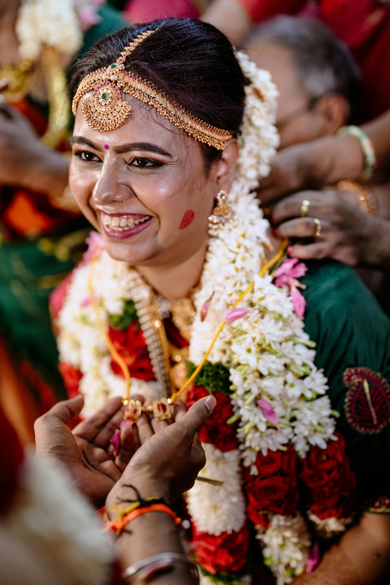 a person standing outside with some flowers in their hair