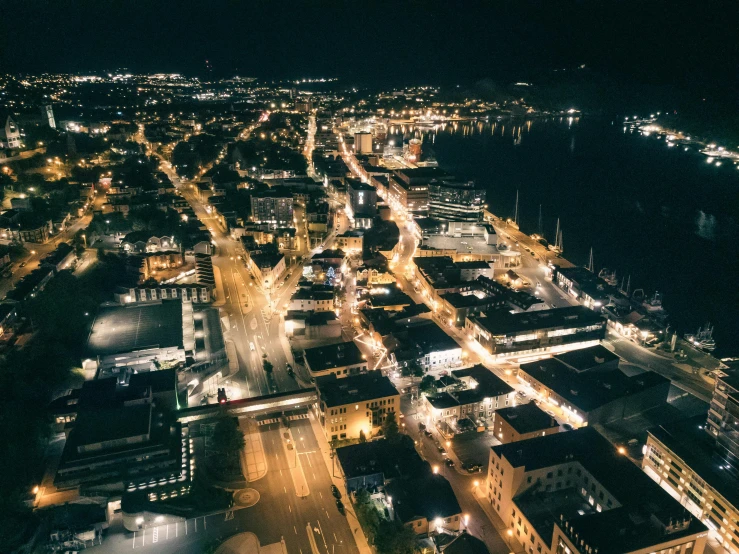 this is an aerial view of a city at night