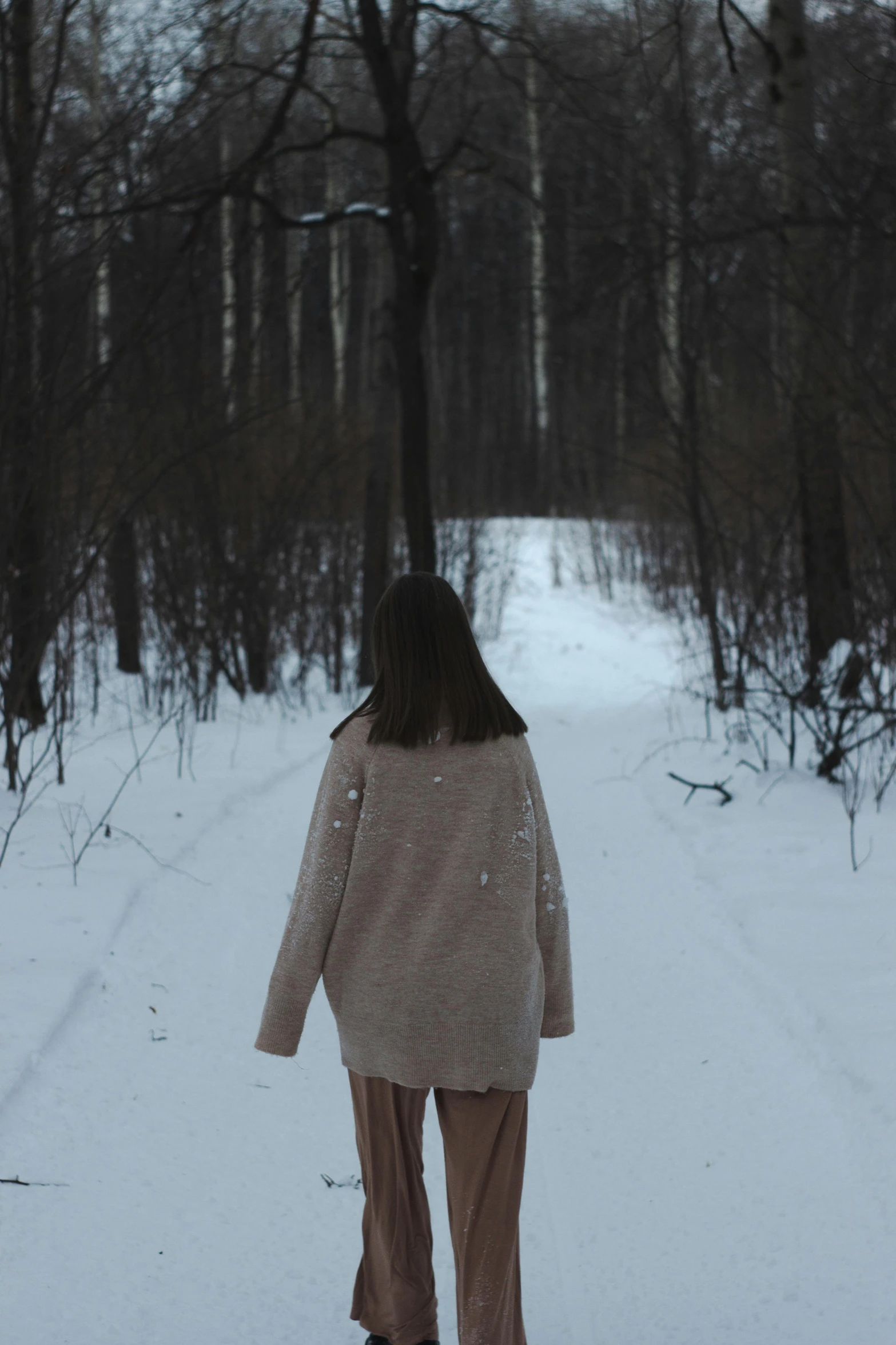 a woman riding a snow board through the woods