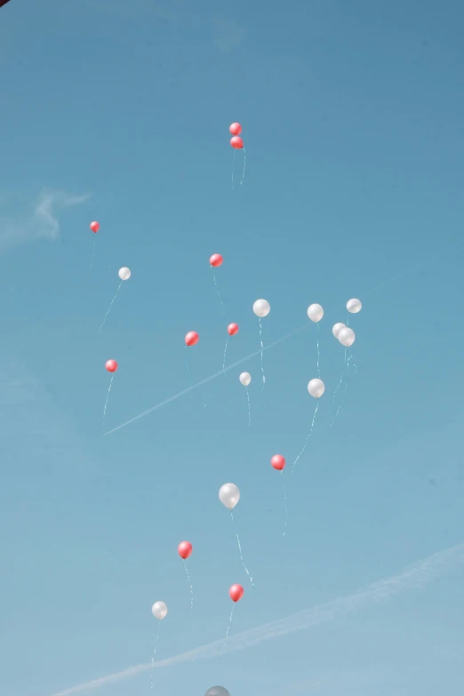 several white and red balloons flying in the sky