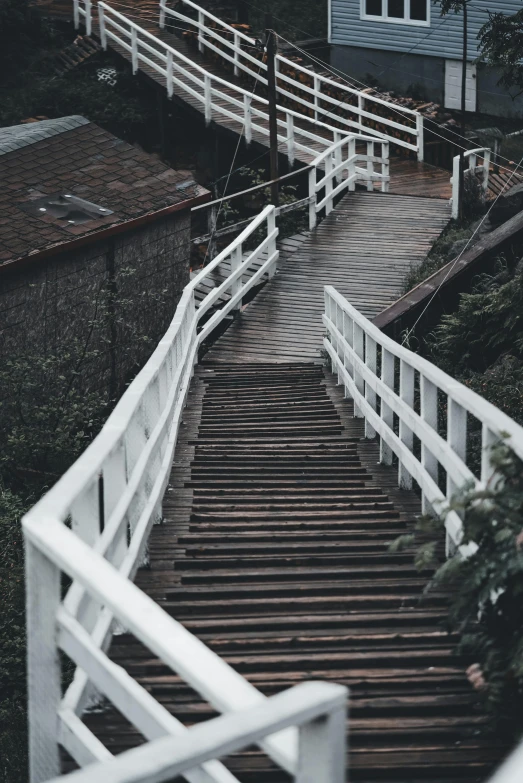 the top of a long staircase leading to a building