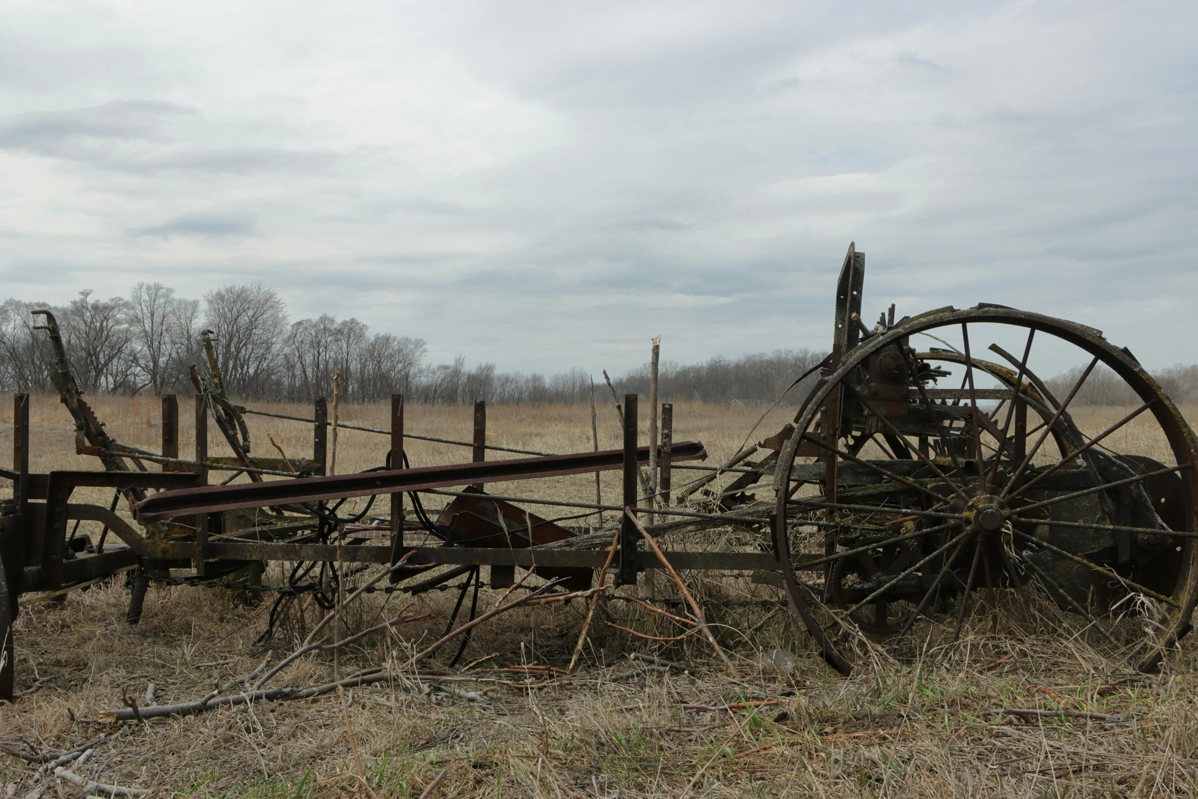 old wheelbarrows sit abandoned in a field