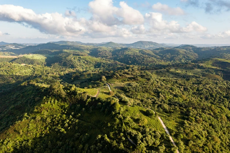 an airplane flying over lush green mountains under cloudy skies