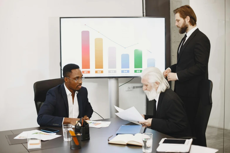 two business people are discussing a data presentation