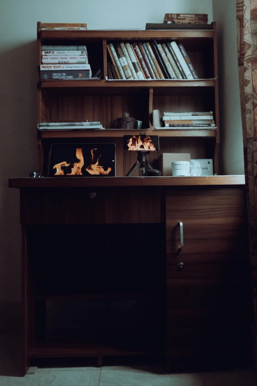 a large wooden book shelf filled with books