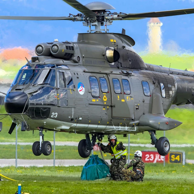 a helicopter is being displayed at an airport