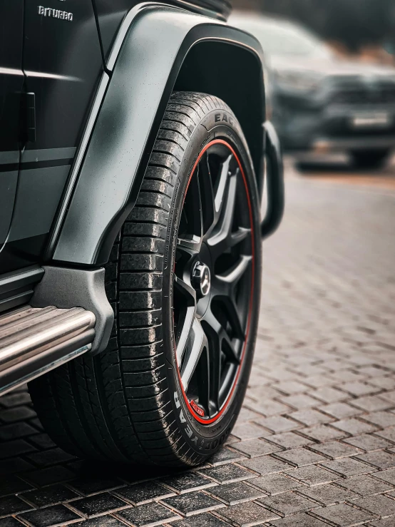 the tire of a vehicle, as seen from behind