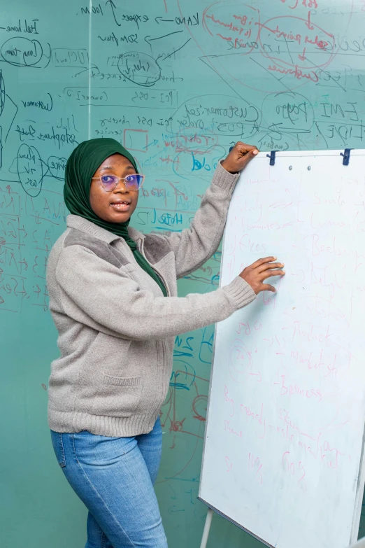 a woman writes on a whiteboard with many words and numbers