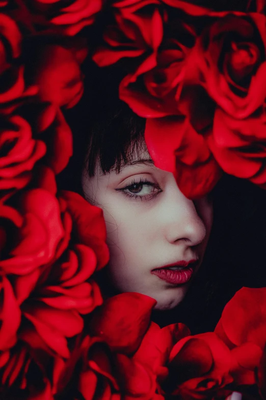 a woman is peeking out behind red roses