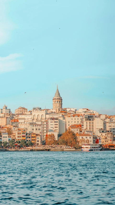 the city with several buildings overlooks the large body of water