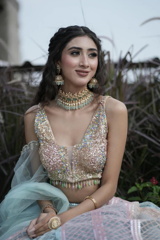 woman wearing gold necklace and a gold and silver saree