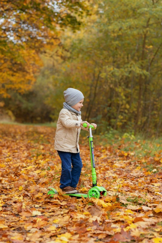 the  stands on top of a scooter in an autumn foliage field