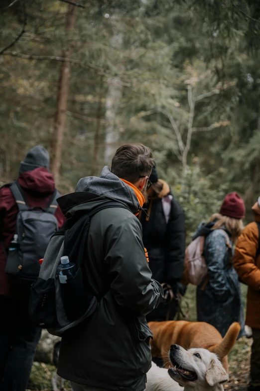 group of people and dogs in the woods