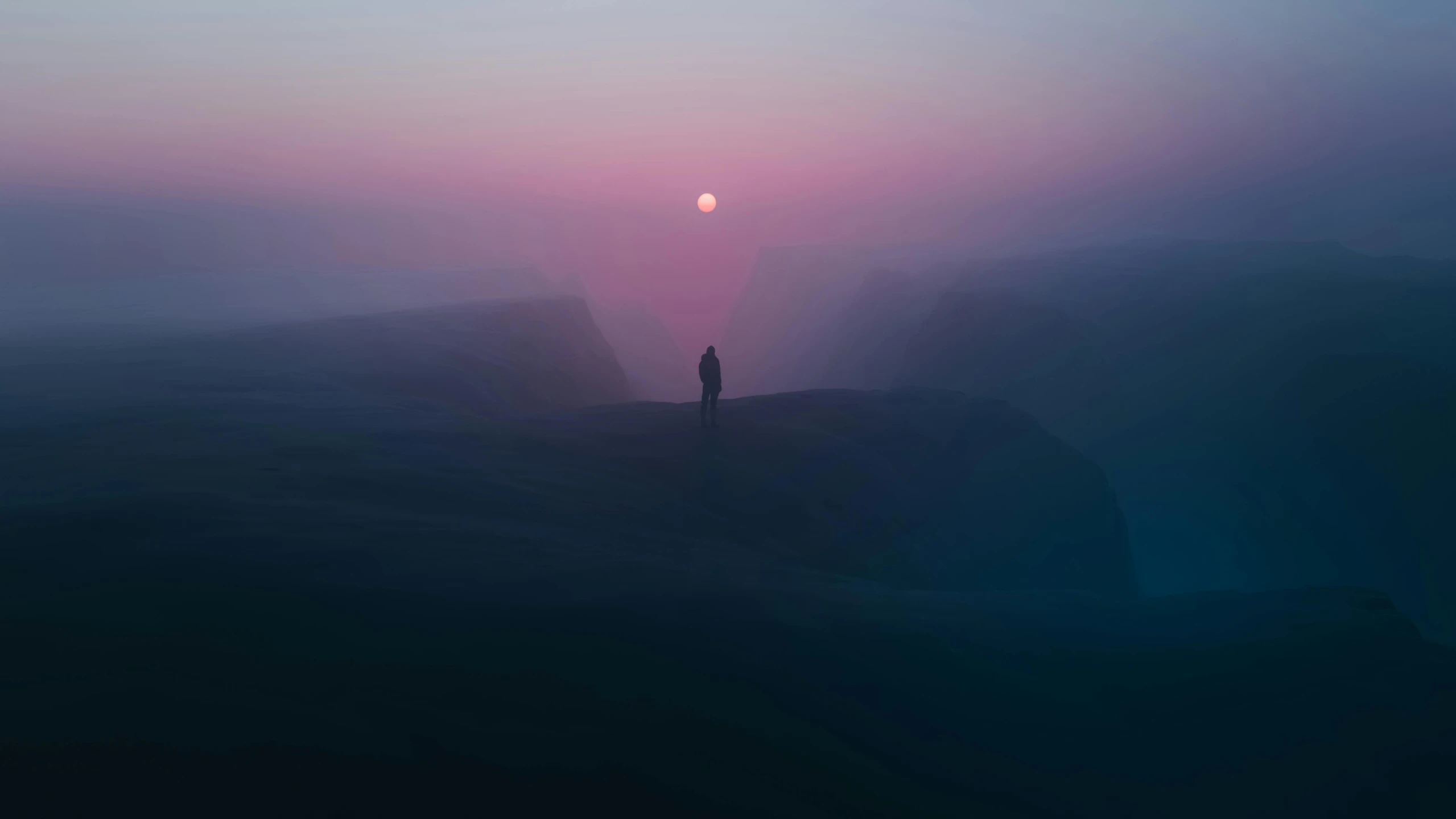 a lone man standing on the side of a cliff watching the sunset