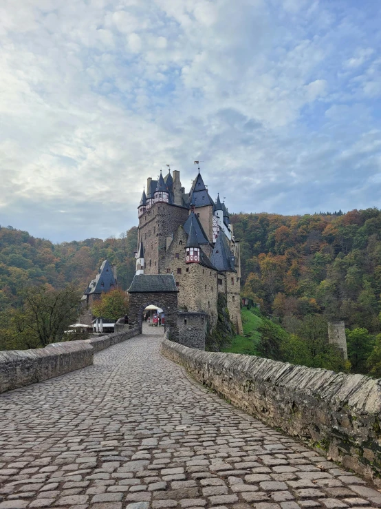 a stone road leads to a castle in front of a large mountain