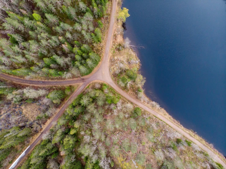 a view from above of a lake in the woods