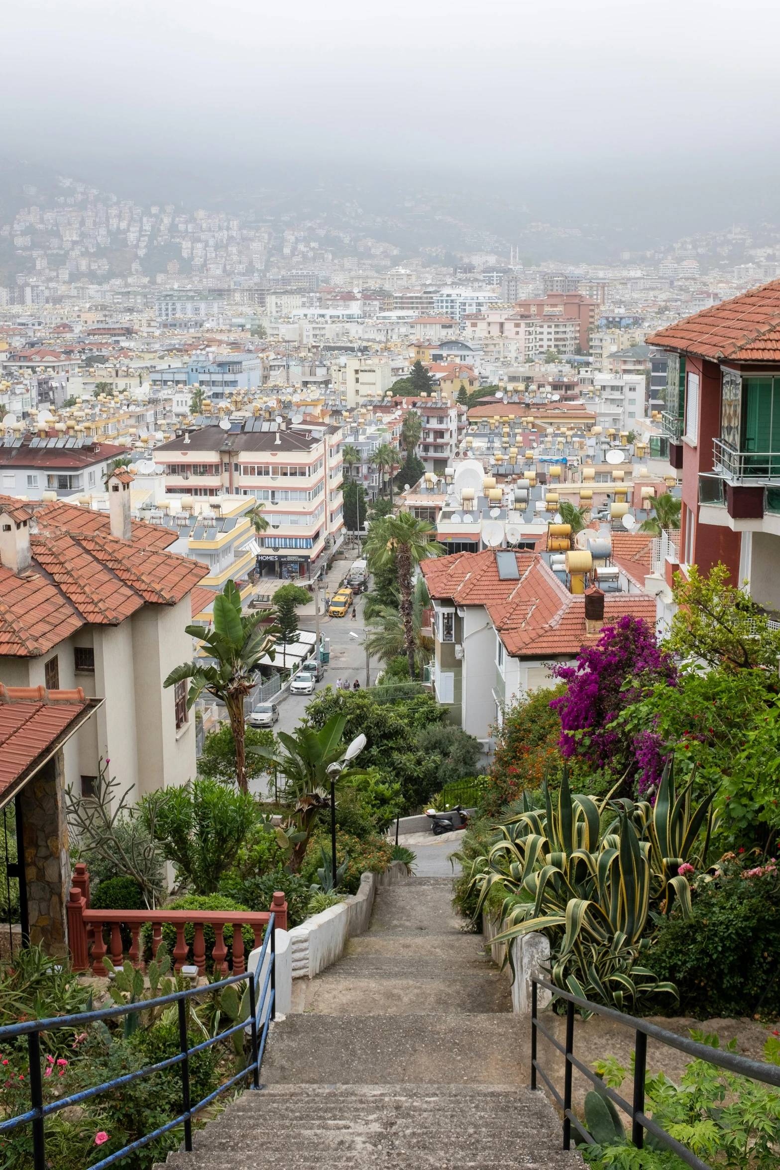 a city landscape with buildings and a staircase