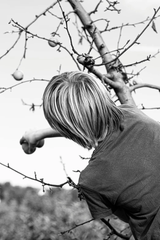 a young man standing next to an apple tree