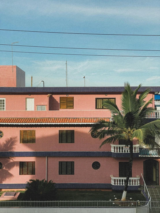 a red building with blue and white patterns on it