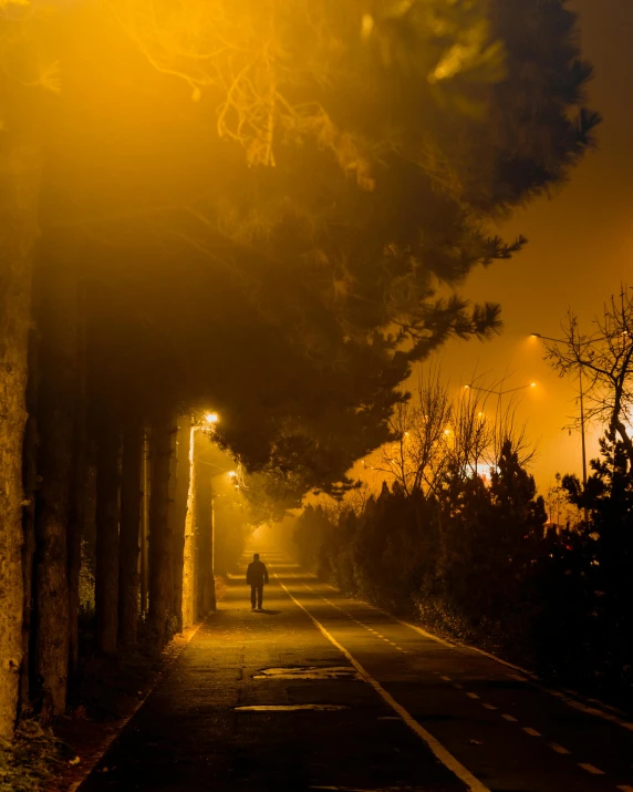 a foggy street with a man walking down the street