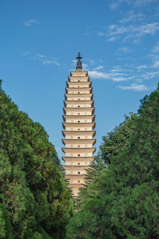 the large building is surrounded by greenery and blue skies