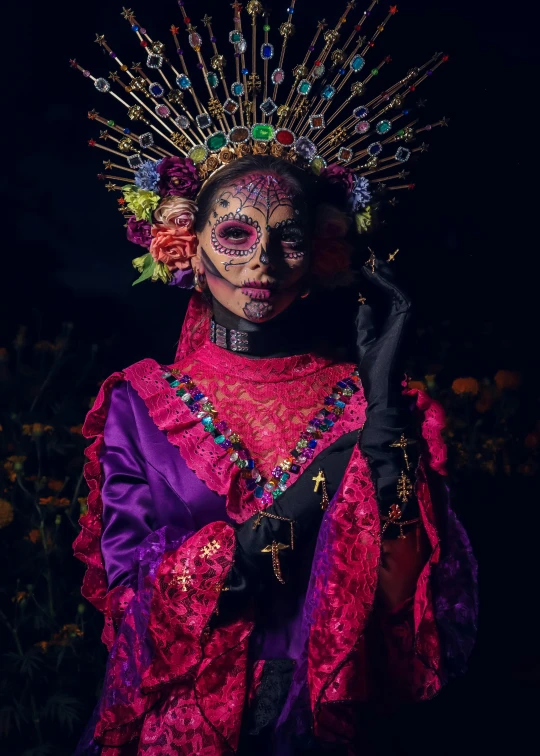 a girl wearing a costume made of a headdress