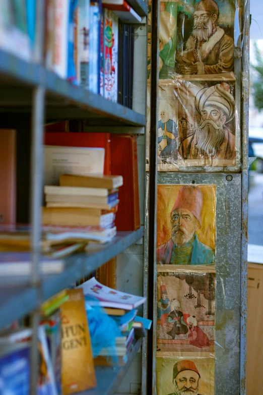 a large metal shelf filled with books on it