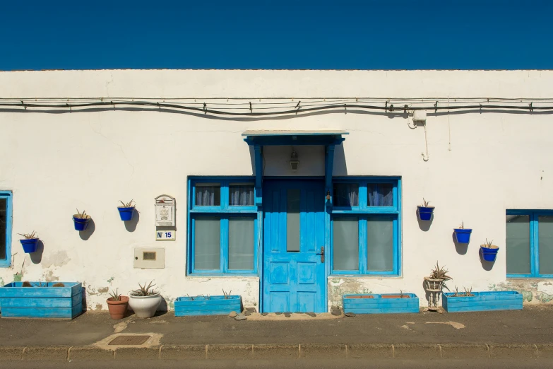 a white wall with blue windows and potted plants on the outside