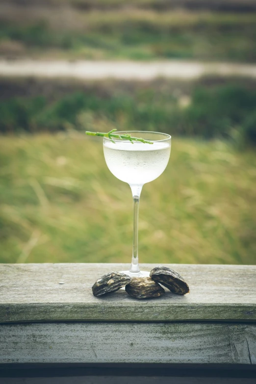 a glass is sitting on a ledge with grass behind it