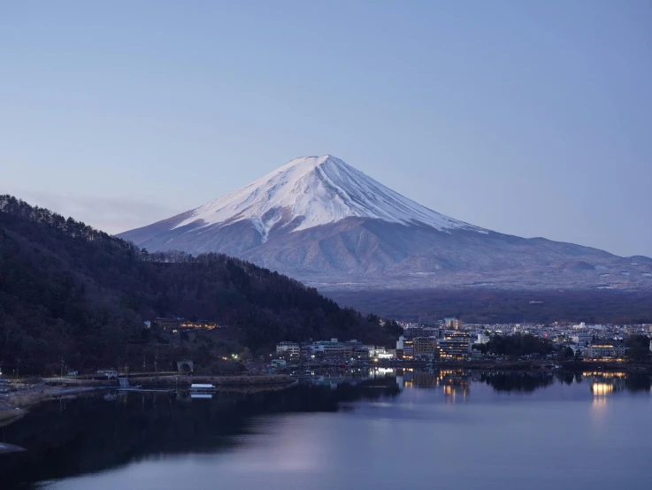 a mountain with snow on top next to a lake