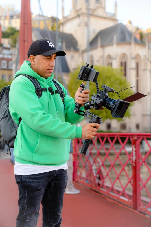 a man holding a camera and a camera set