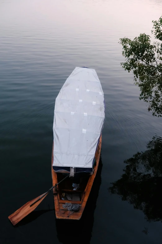 an empty rowboat on water next to tree