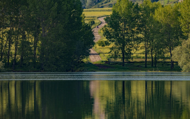 a scenic scene of water and trees reflecting the ground